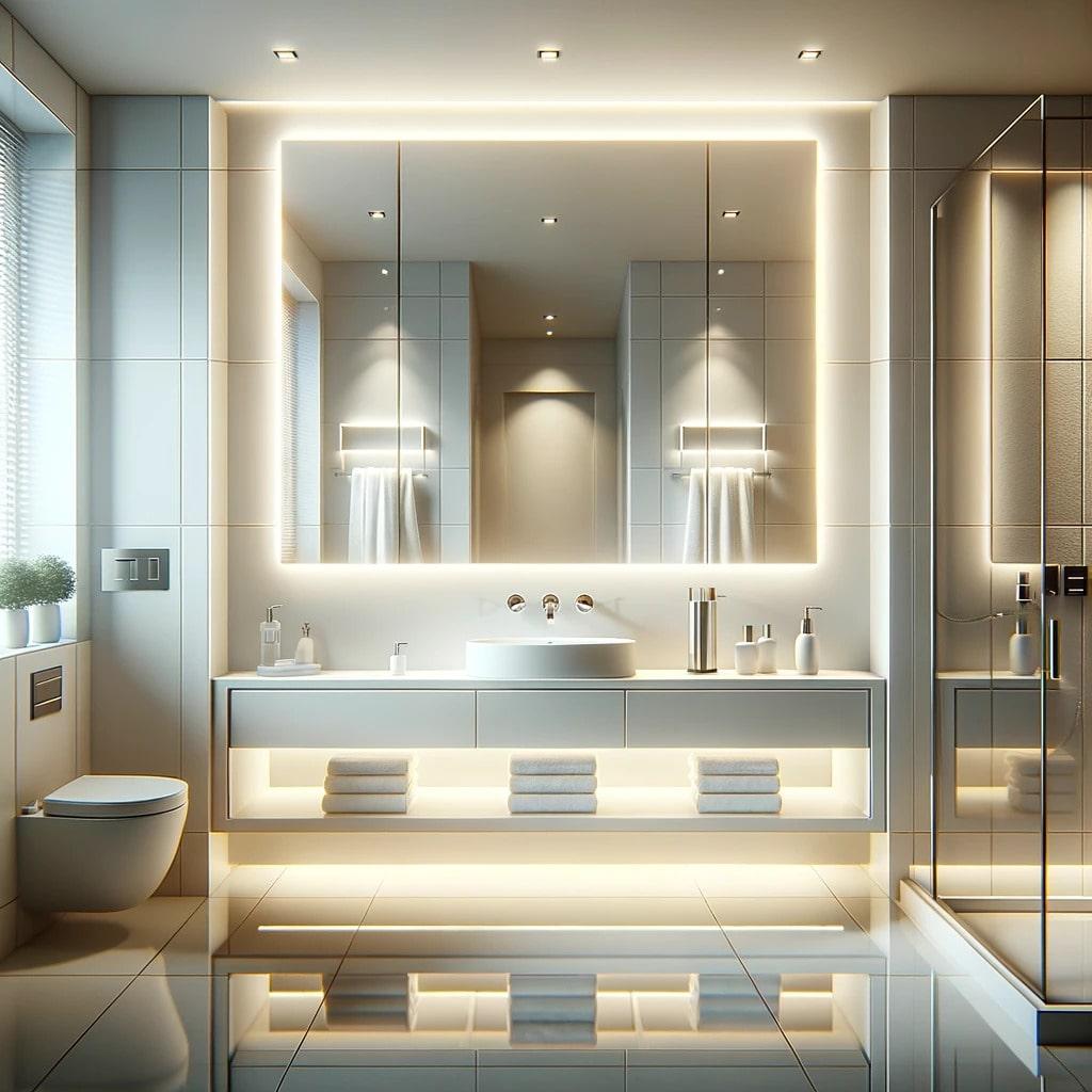 Backlit bathroom mirror and LED vanity lighting