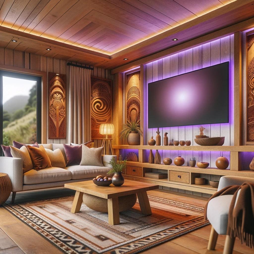 LED-lit home theatre installation, purple accent lighting