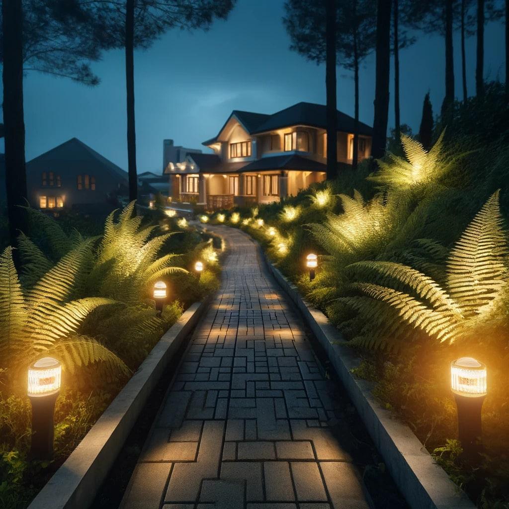 Outdoor landscape and pathway lighting at dusk